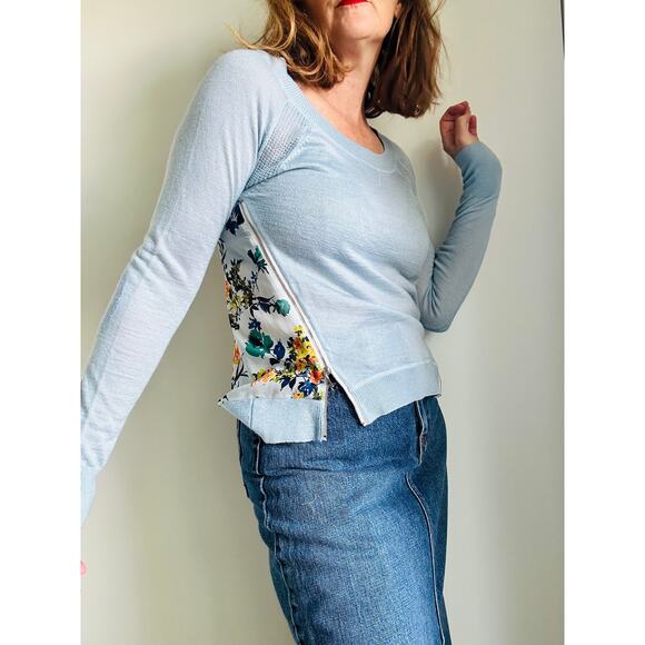 Sachi +Babi Wool Sweater Top Sheer Floral Print Blue Size 4 Quiet Luxury - Picture 1 of 9